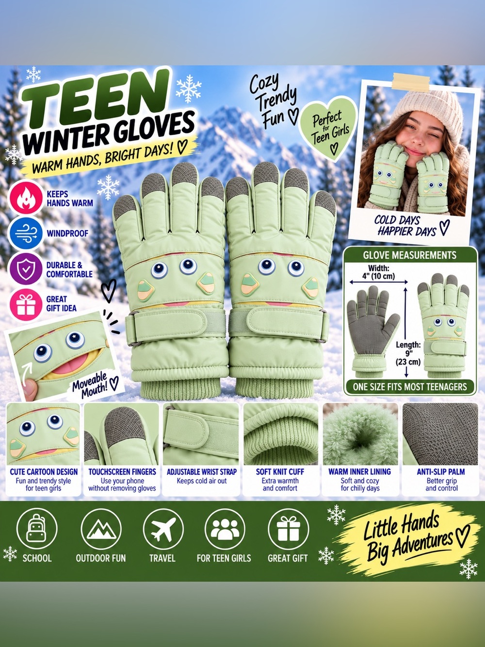 Unisex Teen Winter Gloves Boys Girls Warm Lined Touchscreen Adjustable